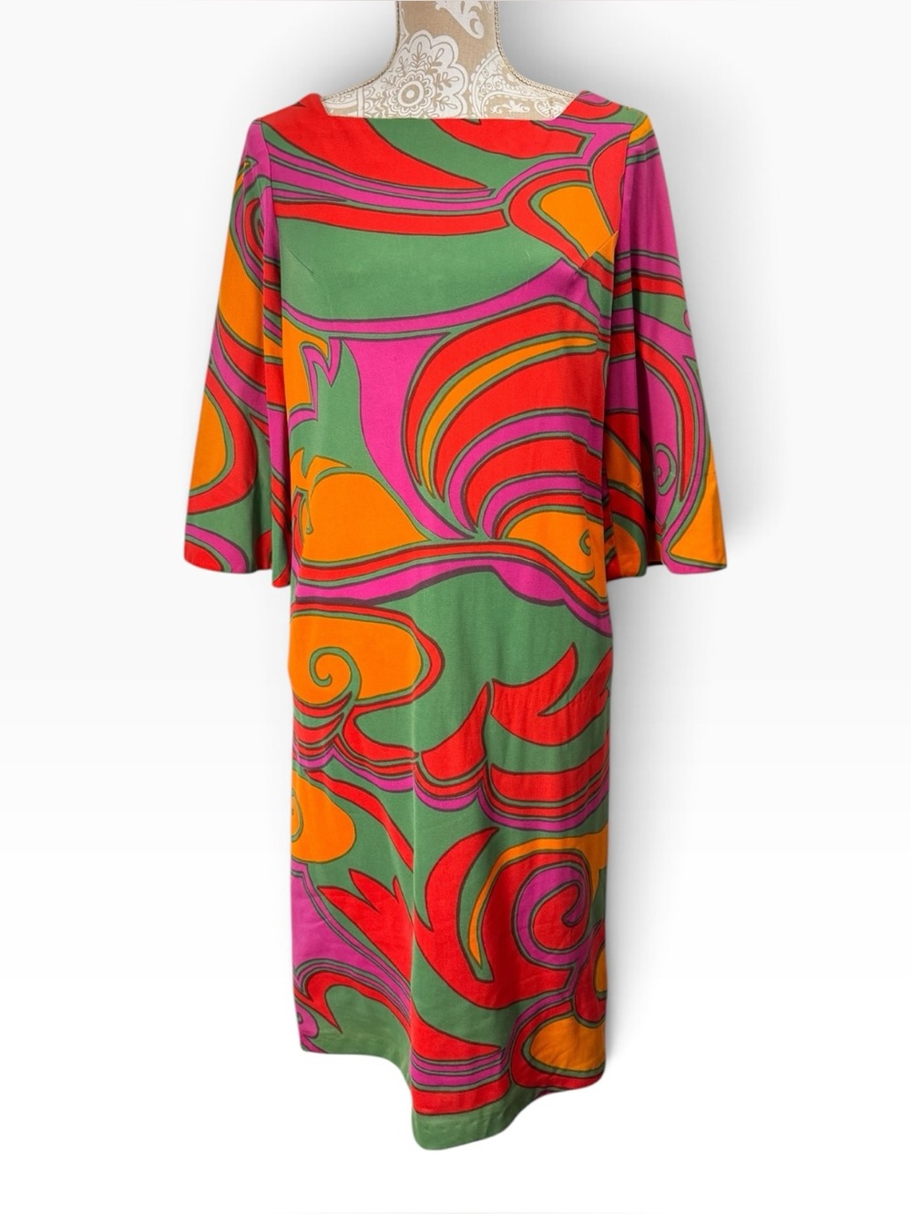 Vintage 60s 70s Psychedelic Print Shift Dress Mod Bell Sleeve Orange Pink Green